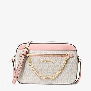 MICHAEL KORS Jet Set Large Logo Crossbody Bag MK Logo White Pink Gray Gold NWT